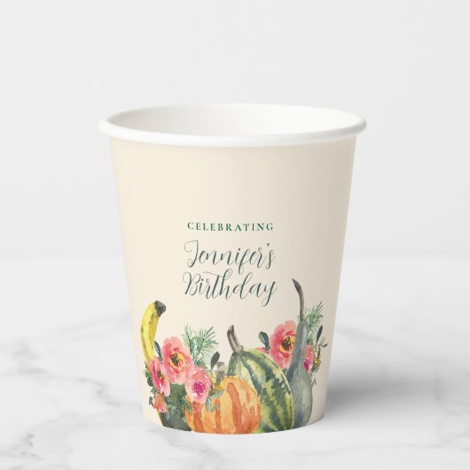 Fall Pink Floral Pumpkins Autumn Birthday Party Papieren Bekers (Voorkant)