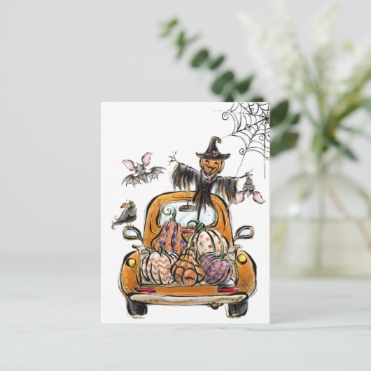 Fall Pumpkin Patch Truck with bats scarecrow bird  Briefkaart (Staand voorkant)