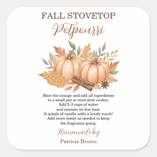 Fall Stovetop Potpourri Recipe Pumpkin Vierkante Sticker (Voorkant)
