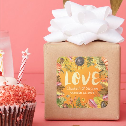 Fall Weddenschap Dank je herfst Maple Leaves Pumpk Vierkante Sticker (Feest)