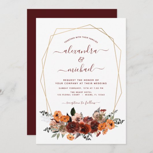 Fall Wedding Burgundy Eucalyptus Floral Kaart (Voorkant / Achterkant)