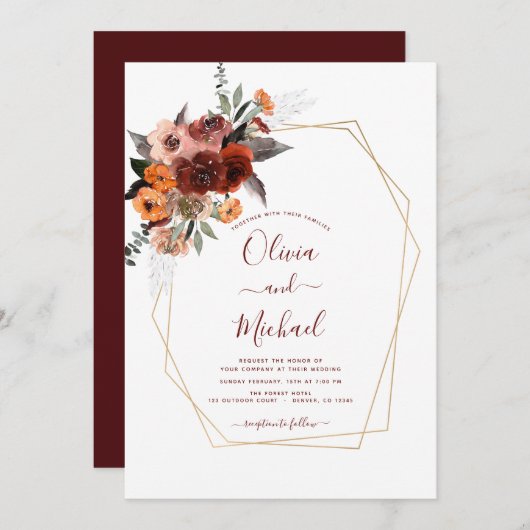 Fall Wedding Burgundy Gold Gold Floral Kaart (Voorkant / Achterkant)