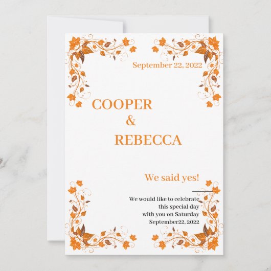 Fall Wedding Cooper & Rebecca Invitation Kaart (Voorkant)