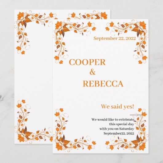 Fall Wedding Cooper & Rebecca Invitation Kaart (Voorkant / Achterkant)