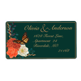 Fall Wedding Donkergroen Bloemmonarch vlinder Etiket