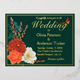 Fall Wedding Forest QRC Bloemen Monarch Vlinder Folie Uitnodiging Briefkaart