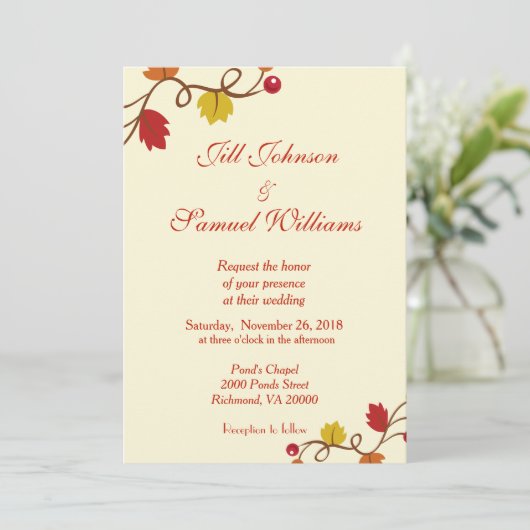 Fall Wedding Leaf en Berry Vine Kaart (Staand voorkant)