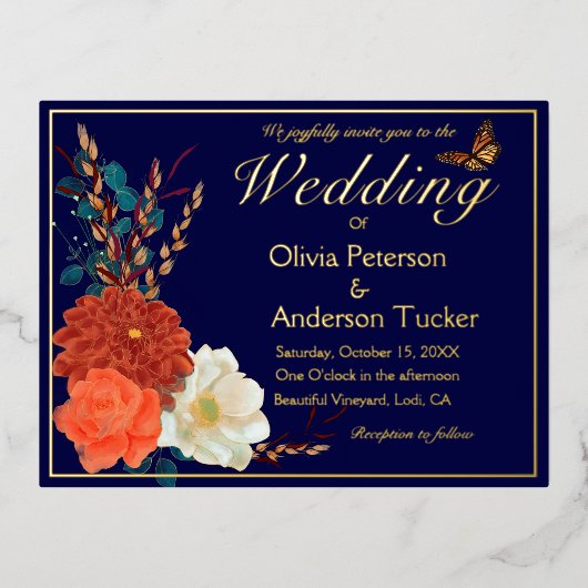 Fall Wedding Navy QRC Bloemen Monarch Vlinder Folie Uitnodiging Briefkaart (Voorkant)