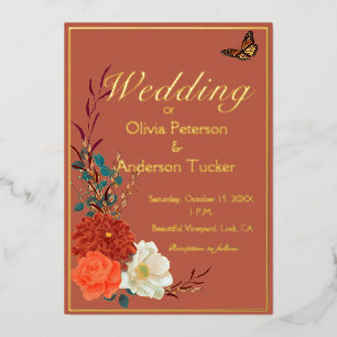 Fall Wedding Terracotta Floral Monarch Butterfly Folie Uitnodiging