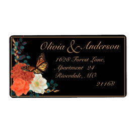 Fall Wedding Zwart Bloemen Monarch Butterfly Etiket