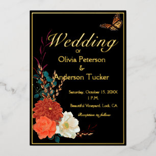 Fall Wedding Zwart Bloemen Monarch Butterfly Folie Uitnodiging