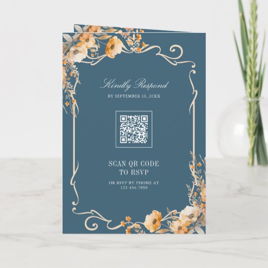 Fall Wildflower Crest Dusty Blue QR Code Wedding (Achterkant)