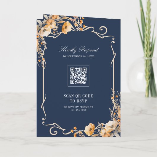 Fall Wildflower Crest Navy Blue QR Code Wedding (Achterkant)