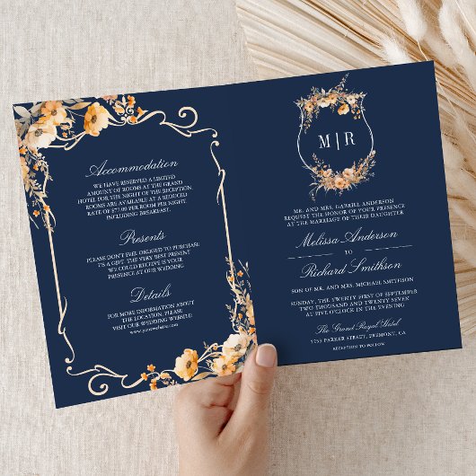 Fall Wildflower Crest Navy Blue QR Code Wedding