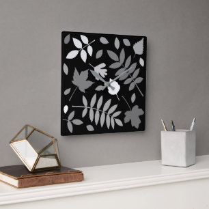 Fallen Leaves Design Grijzen Wit Zwart Vierkante Klok