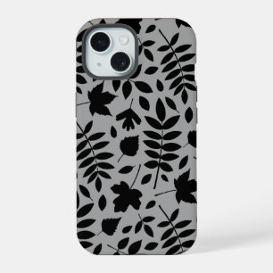 Fallen Leaves LG Pattern Zwart op Grijs iPhone 15 Hoesje