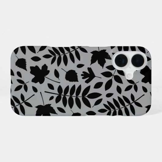 Fallen Leaves LG Pattern Zwart op Grijs iPhone 16 Hoesje (Achterkant horizontaal)
