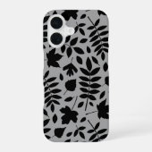 Fallen Leaves LG Pattern Zwart op Grijs iPhone 16 Hoesje (Achterkant)