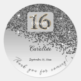 Falling Black Glitter, Sweet 16 Bedankt Ronde Sticker