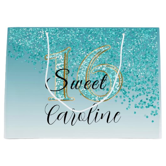 Falling Blauwgroen Blue Glitter Sweet 16 Birthday Groot Cadeauzakje (Voorkant)