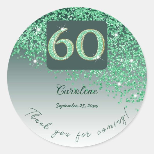 Falling Green Glitter, 60ste verjaardag Bedankt Ronde Sticker (Voorkant)