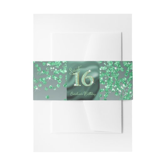 Falling Green Glitter Sweet 16, Groene Folie Uitnodigingen Wikkel (Voorkant Voorbeeld)