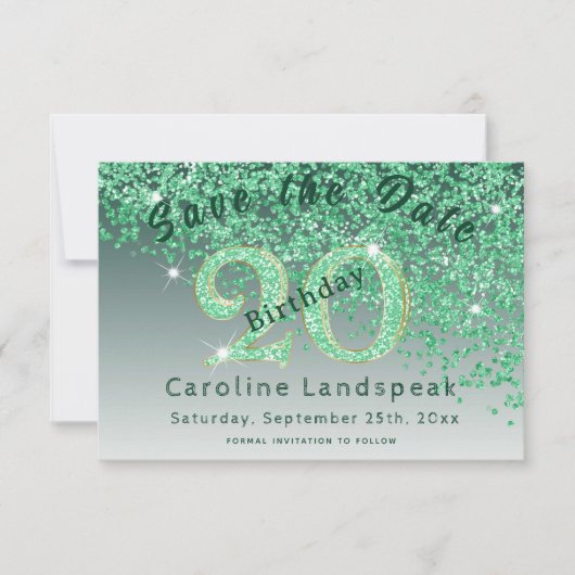Falling Green Glitter voor 20e verjaardag Save The Date (Voorkant)