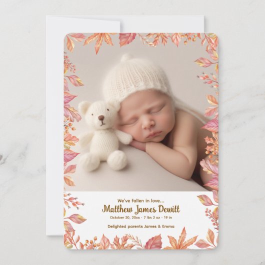 Falling Leaves Frame Photo Birth Announcement  Kaart (Voorkant)