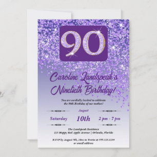 Falling Paarse Glitter 90ste Verjaardagsfeest Kaart