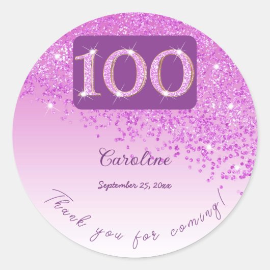 Falling Pink Glitter, 100ste verjaardag Bedankt Ronde Sticker (Voorkant)