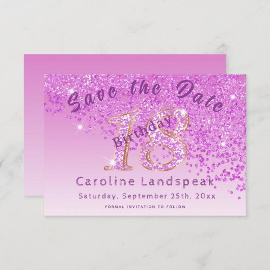 Falling Pink Glitter voor 18e verjaardag Save The Date (Voorkant / Achterkant)