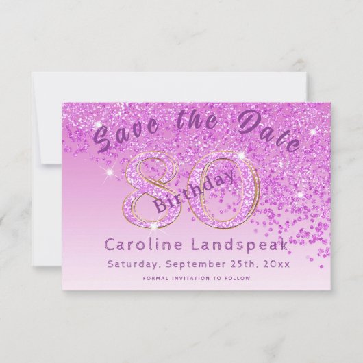 Falling Pink Glitter voor 80e verjaardag Save The Date (Voorkant)