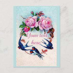 Falln Victoriaans Blauwe Vogels en Rozen Briefkaart