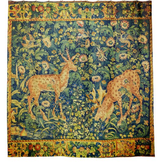 FALLOW DEER PAIR, GOTHISCHE FANTASY FLOWERS, Green Douchegordijn (Voorkant)