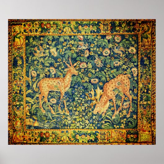 FALLOW DEER PAIR, GOTHISCHE FANTASY FLOWERS, Green Poster (Voorkant)