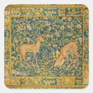 FALLOW DEER PAIR, GOTHISCHE FANTASY FLOWERS, Green Vierkante Sticker