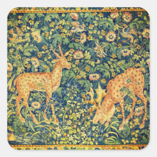 FALLOW DEER PAIR, GOTHISCHE FANTASY FLOWERS, Green Vierkante Sticker