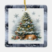 Fallow Deer Sleeping Under Christmas Tree Holiday Keramisch Ornament (Voorkant)