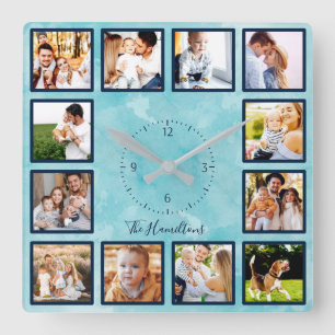 Familie 12 foto's collage Blauwe aquarel Vierkante Klok