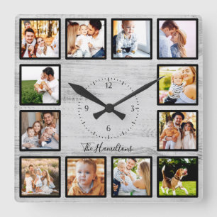 Familie 12 Foto's Collage Farmhouse Rustic Wood Vierkante Klok
