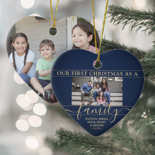 Familie 2 Foto eerste kerstmarinier Blue en Gold Keramisch Ornament