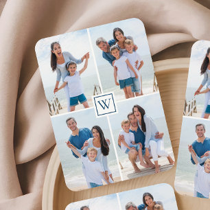 Familie 4-foto collage Blauwe monogram Pokerkaarten