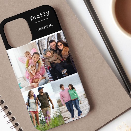 Familie 4 Fotocollage zwart gepersonaliseerd Case-Mate iPhone Case