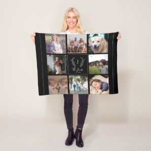 Familie 8 foto collage monogram naam elegant zwart fleece deken