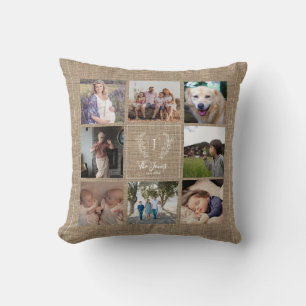 Familie 8 foto collage monogram naam rustieke jute kussen