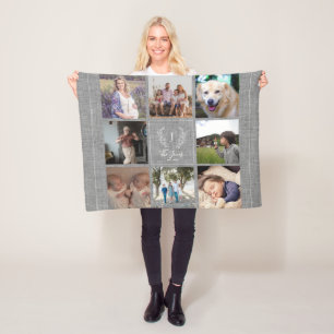 Familie 8 foto collage monogram naam rustig jute fleece deken