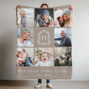Familie 8 Foto Collage Monogram Wapenschild Taupe Fleece Deken