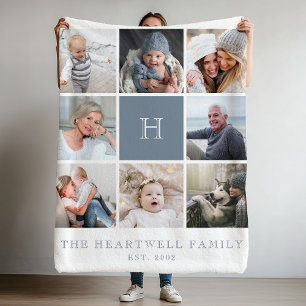 Familie 8 Photo Collage Monogram Dusty Blue Fleece Deken