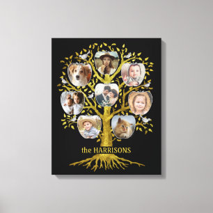 Familie Boom Foto Collage 8 Pics Naam Gold Black Canvas Afdruk