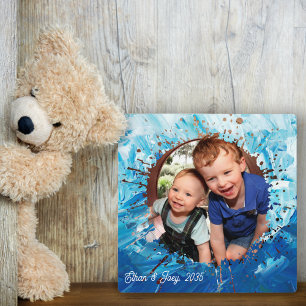 Familie Cadeau Idee Blauwe Verf Spatten Aangepaste Fotoplaat